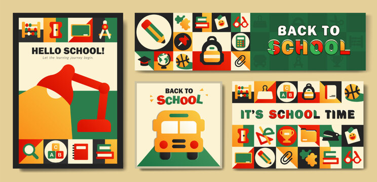 Collection of "Hello School" and "Back to School" cards, trendy flyers, flat posters designs. Set of vertical, square and horizontal banners, with education icons in a vibrant geometric mosaic style.