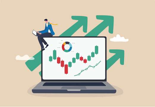 Stock trading or crypto currency investing, technical analysis for investment, financial graph and chart, stock market or currency exchange concept, businessman investor using laptop to trade graph