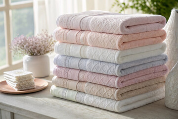 Neutral toned towels with diamond pattern borders stacked elegantly in bright natural light setting with minimalist contemporary bathroom decor and plants.