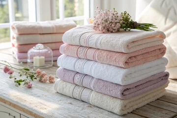 Pastel towels neatly folded with embroidered lace trim borders, arranged in soft lighting with...