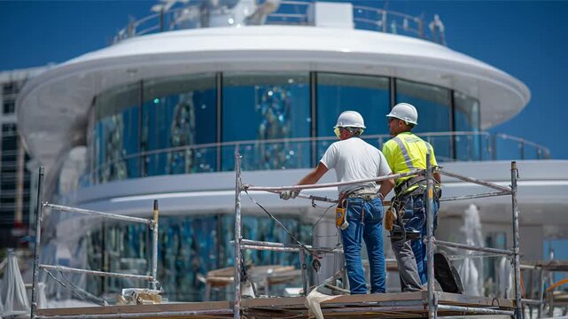 Skilled workers install panoramic windows on a luxury vessel's upper deck, with scaffolds mirrored in the sleek, curved glass.