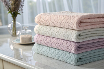 Premium quality towels with intricate diamond weave borders displayed in sophisticated bathroom...