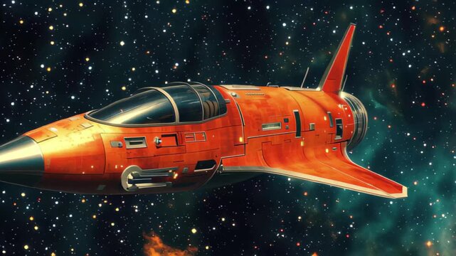 Exploring a vibrant deep space nebula in a sleek orange spacecraft at warp speed, abel flight through deep space nebula