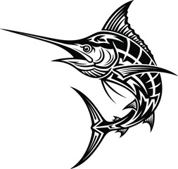 marlin fish tattoo. Black and white vector graphic for fishing sport logo.