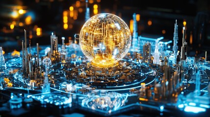 Futuristic Holographic Globe in Pulsating Digital Cityscape Artwork