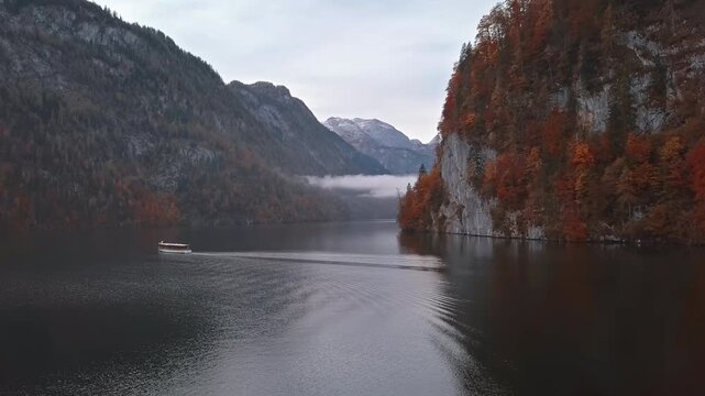 Aerial view of Konigsee lake at autumn with morning fog. In the Berchtesgaden, Bavaria, Germany.