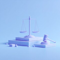 Light purple scales of justice and gavel on tiered platform