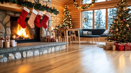 Fototapeta premium Cozy Christmas Cheer: A warm and inviting living room decorated for the holiday season, centered around a lit fireplace with stockings, a decorated Christmas tree, and gifts.