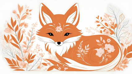 Obraz premium Orange fox illustration, floral pattern, bohemian style, wildlife art