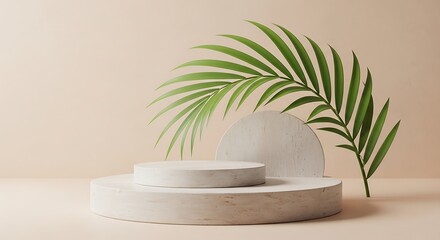 Fototapeta premium Minimalist pedestal with tropical palm leaf and abstract shapes