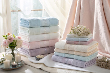 Elegant towel display in soft colors with lace trim details, romantic bathroom setting with flowers, candles and dreamy natural lighting.