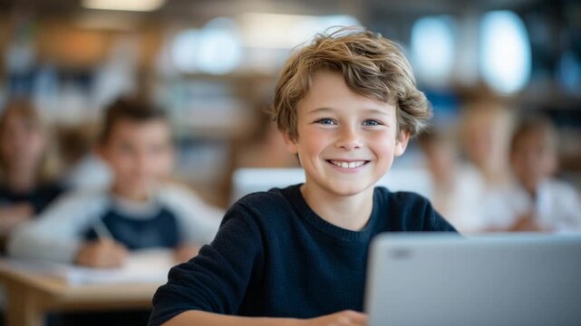 A cheerful boy engages with a laptop in a tech-integrated classroom, embodying a future-ready education environment.