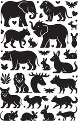 Naklejka premium Diverse animal silhouettes with decorative elements elephant lion