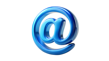 A shiny glossy blue at symbol commonly used for email and internet addresses isolated against a stark transparent background