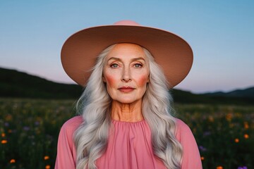 Obraz premium Senior woman embraces tranquility in wildflower field during golden hour