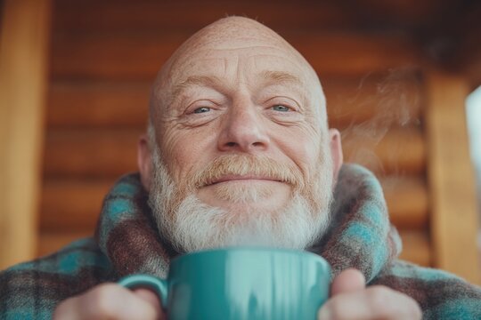 Senior man smiles with a warm tea mug on a rustic porch in nature