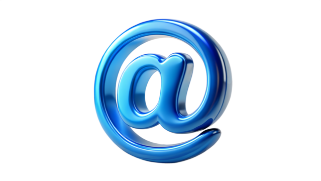 A shiny glossy blue at symbol commonly used for email and internet addresses isolated against a stark transparent background