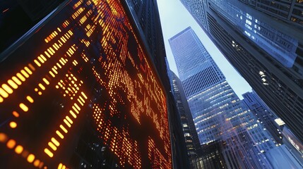 Vibrant Holographic Digital Display in Urban Cityscape at Dusk