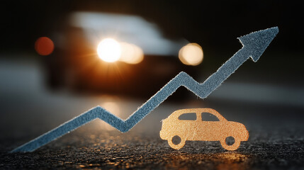 Automotive Growth: An eye-level perspective showcasing a rising graph arrow intertwined with a car silhouette against a backdrop of moving vehicles, signifying the expansion of the automotive market.