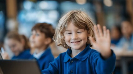 A vibrant classroom of diverse children engages with AR and digital programs, as a smiling girl waves to her friend. - Powered by Adobe