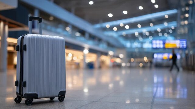 A solitary hard-shell suitcase in an empty airport terminal under ambient lighting symbolizes isolation and introspection.
