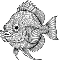 spotted fish illustration. Black and white line art for coloring book or marine life design.