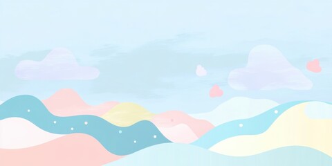 Pastel abstract landscape with hills and clouds in the sky, featuring soft gradients and gentle shapes. Calm modern design for backgrounds.