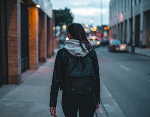 Fototapeta premium Urban Stroll: A woman, immersed in her thoughts, strides purposefully along a city sidewalk, the urban landscape enveloping her.