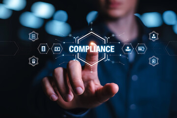 Naklejka premium Person touching digital screen displaying compliance and business icons