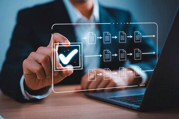 Businessman interacting with a digital checklist and workflow on a transparent screen