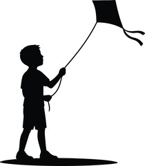 Obraz premium Silhouette boy flying a kite playing outdoor activity vector illustration