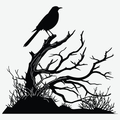 Bird perched on driftwood in tide zone image silhouette design vector art and illustration