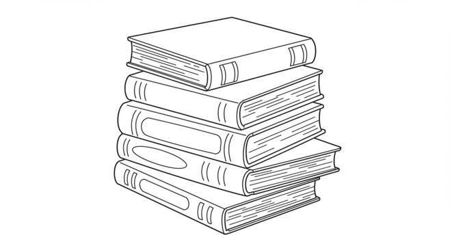 A simple line drawing of a stack of books, showing various book spines and covers.
