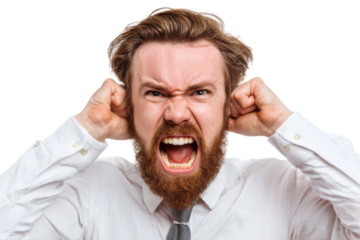 Frustrated businessman expressing emotions in office environment. Isolated on transparent background, png.