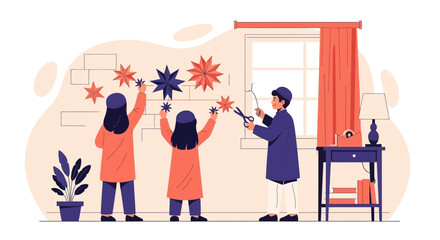 Obraz premium Children Decorating Wall With Paper Stars During Cultural Celebration Happy Family Moment