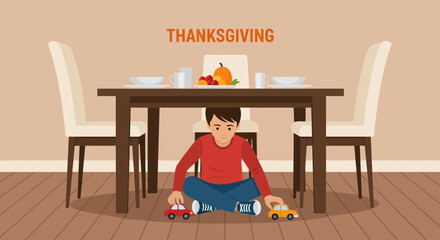 Fototapeta premium Child's Playful Thanksgiving Awaiting Feast With Toy Cars Under Dinner Table