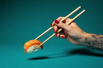 Delicious salmon nigiri sushi held by chopsticks against a teal background with a tattooed arm