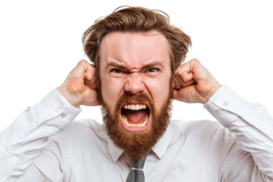 Frustrated businessman expressing emotions in office environment. Isolated on transparent background, png.