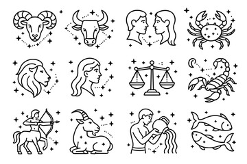 Zodiac signs illustrations: aries taurus gemini cancer leo virgo libra scorpio sagittarius capricorn aquarius pisces
