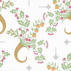 Minimalist Floral Pattern with Hand-Drawn Botanical Elements on White Background – Folk Style Textile Design