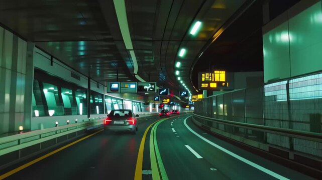 Hyperlapse through automated tunnels in Tokyo at night with vibrant lights and smooth curves, Hyperlapse through Tokyo tunnels via the automated guideway transit