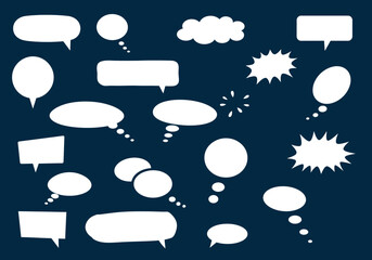 Collection of empty white speech bubbles and thought clouds for communication and ideas on a dark blue background