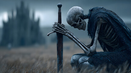 Image of the Skeleton Knight Kneeling in a Desolate Field Holding a Rusty Sword with a Dark Fortress