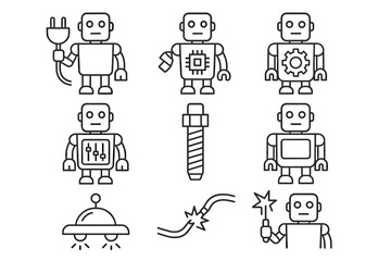 Set of robot icons with technology elements and tools in line art style