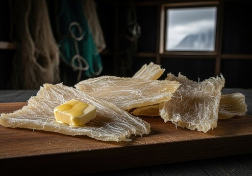 Traditional icelandic hardfiskur dried fish snack with butter on a rustic wooden board