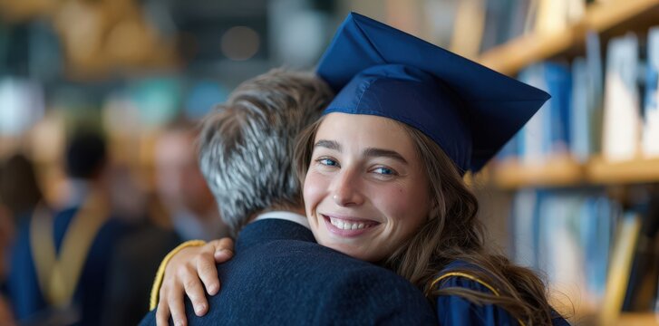A joyful young woman in a blue graduation cap and gown embraces her father in front of a university bookshelf, surrounded by a blurred background of people.