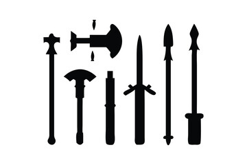 Collection of Medieval Weapon Silhouettes:  Axe, Spear, Dagger, and Mace Icons;  Dark, Bold, Graphic Design Elements.