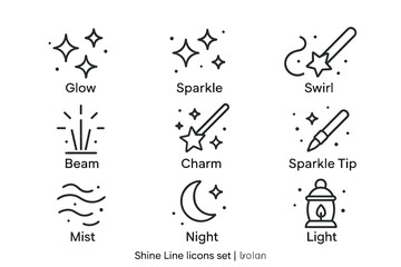 Shine line icon set: glow, sparkle, swirl, beam, charm, night, light