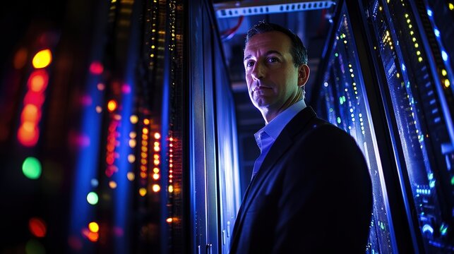 Businessman in Dark Server Room Lit by Colorful Lights - Powered by Adobe
