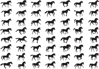 Black horse silhouettes in various running poses motion